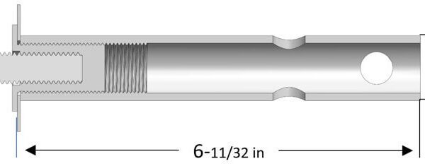 A technical drawing of a cylindrical part with a hole. The part measures 6-11/32 inches in length and the hole has a diameter of 1-1/32 inches. The left side of the part has an internal thread, and the right side shows a smooth cylindrical section with a hole.