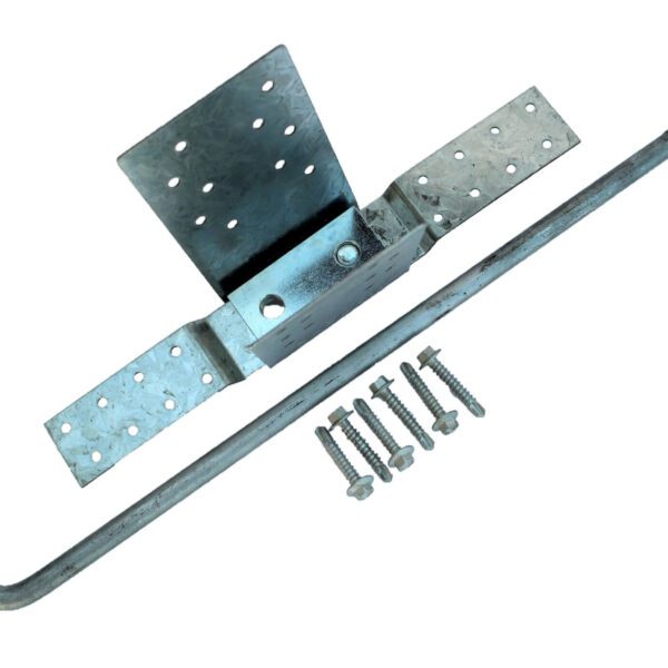 An image of a metal bracket set, including one large perforated bracket, one long L-shaped bolt, and four smaller bolts. The large bracket has multiple holes for mounting, with one side having a rectangular plate and the other side having perpendicular extensions.