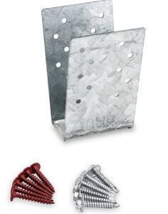 A galvanized metal bracket with several holes for screws is pictured. To its left are eight red screws, and to its right are eight silver screws. The bracket appears to be designed for joining or supporting structural elements.