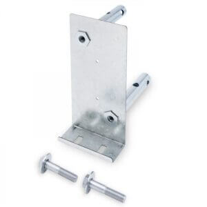 A metal mounting bracket with two protruding cylindrical rods and two additional bolts placed separately in the foreground. The bracket has a rectangular flat plate with screw holes and hexagonal nuts holding the rods in place.