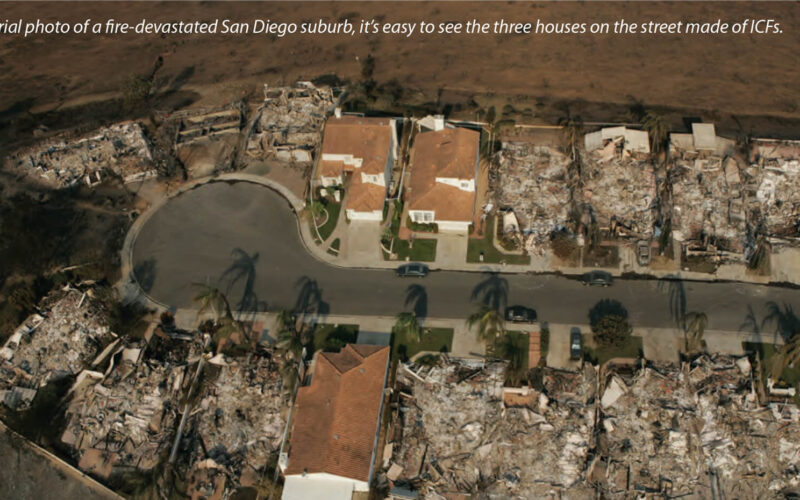 Aerial view of a fire-damaged San Diego suburb, showing extensive destruction of homes. Only three houses on the curved street remain intact, identified as being made from Insulated Concrete Forms (ICFs), while surrounding properties are reduced to rubble.