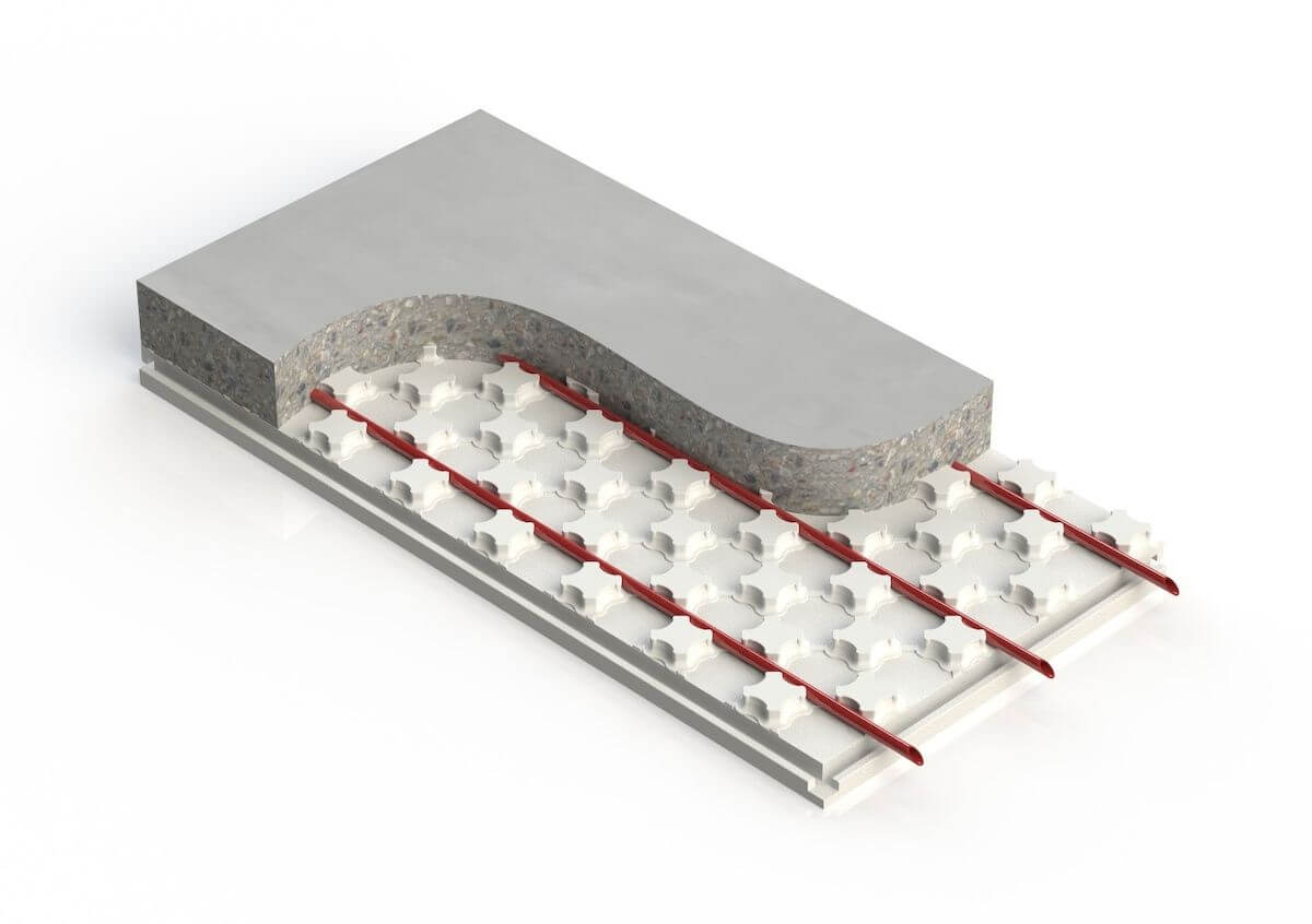 A digital rendering showing a cross-sectional view of a floor heating system. The image displays tubing laid out in a serpentine pattern over insulation panels, with a concrete layer partially covering the system, demonstrating the installation process.